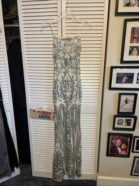 Aqua Ivory Sequin Evening Gown with Silver Beading